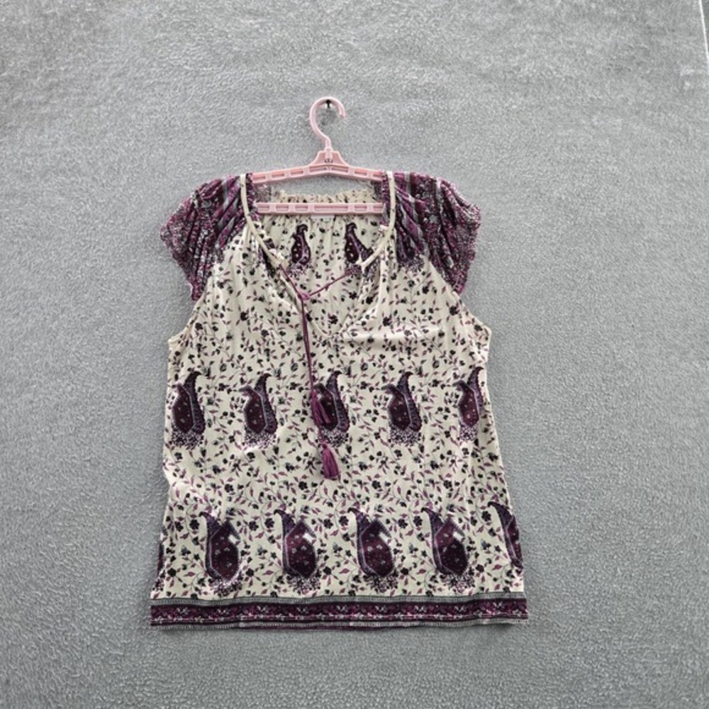 Lucky Brand Women Blouse M Cream Cotton Linen Floral Boho Peasant Tassels V-Neck